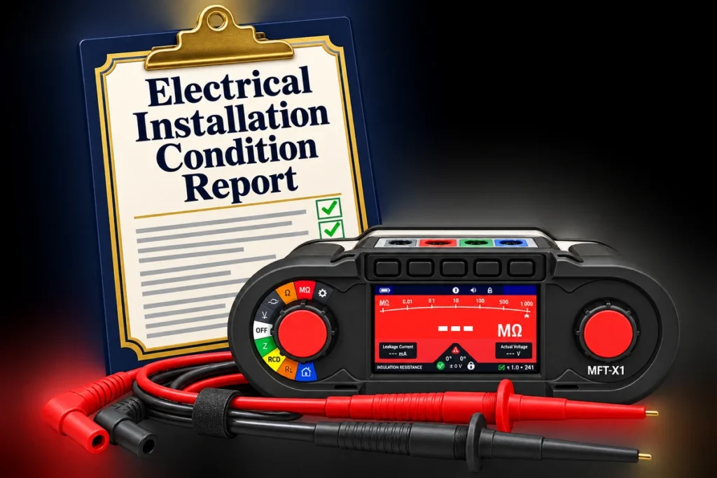 Illustration of an Electrical Installation Condition Report on a clipboard with a multifunction tester and test leads