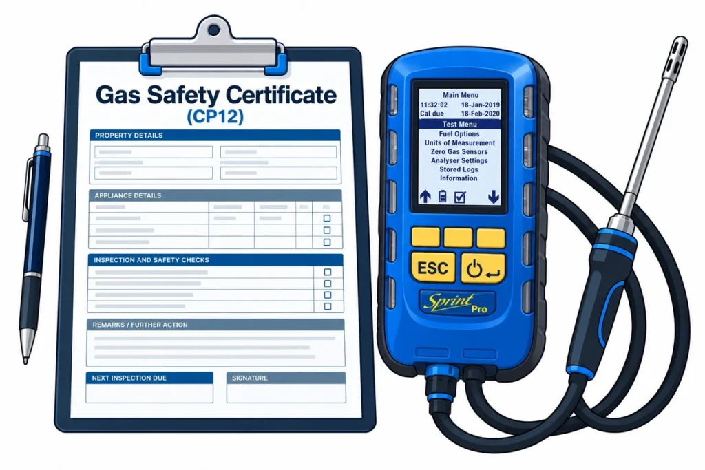 Illustration of a Gas Safety Certificate (CP12) form on a clipboard with a gas analyser